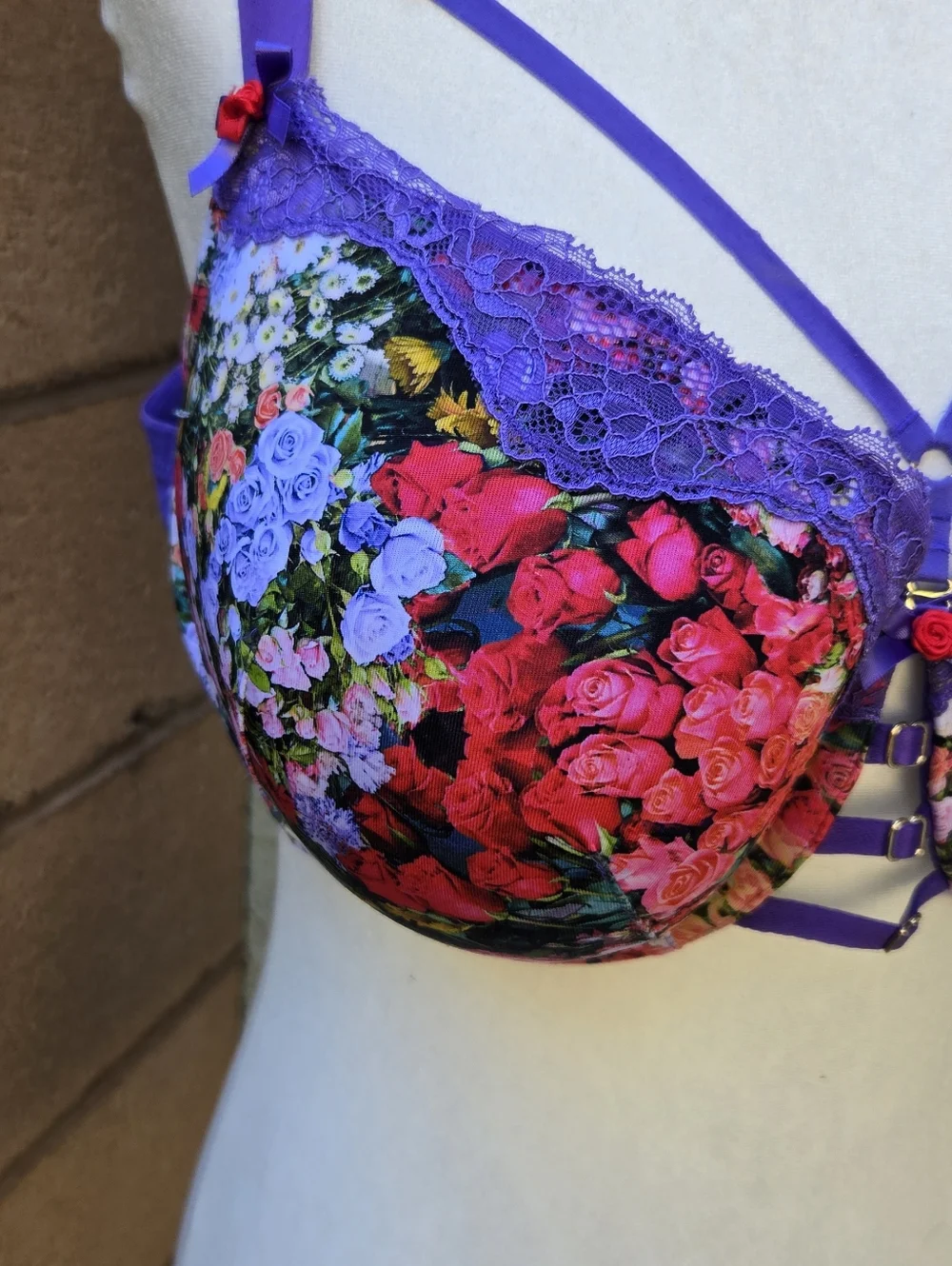 Cacique Purple Floral Lace Underwire Bra Boost Balconette